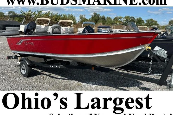 The Image of 2025 Lund 1600 Fury Tiller boat in red on trailer at Bud's Marine, Ohio. - 0