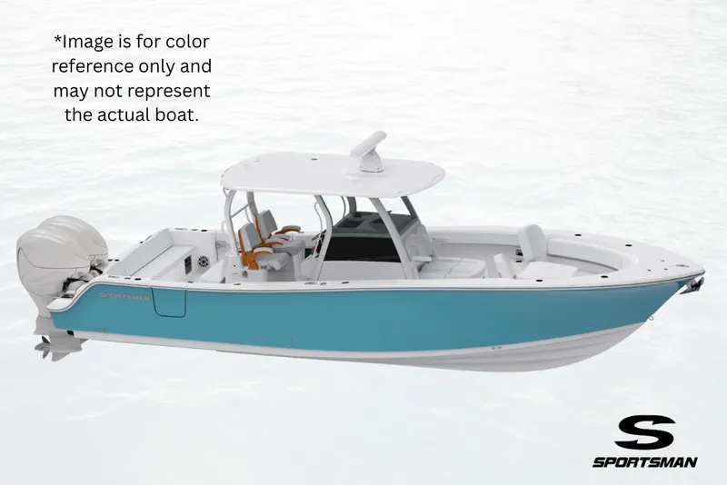 The Image of 2026 Sportsman Open 262 Center Console boat, blue hull, white interior, dual engines, side view. - 0