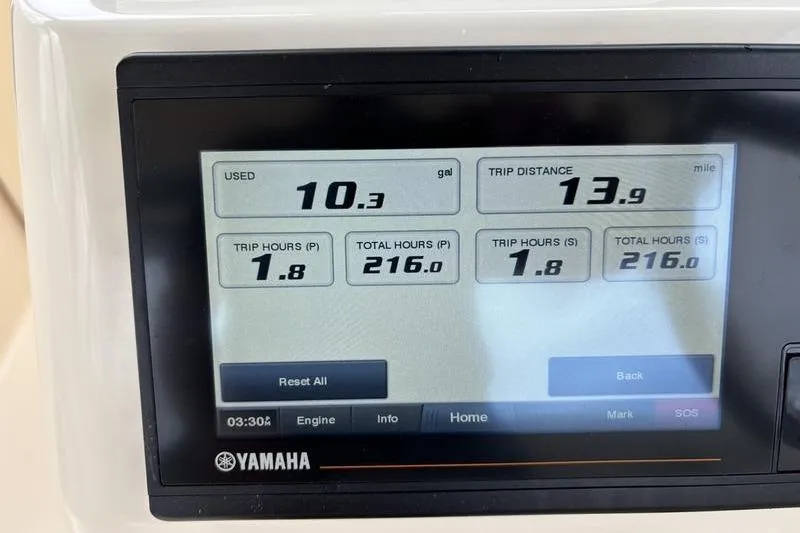 Slide: The Image of Yamaha display showing fuel usage and trip data for 2018 Grady-White Freedom 325 boat. - 31