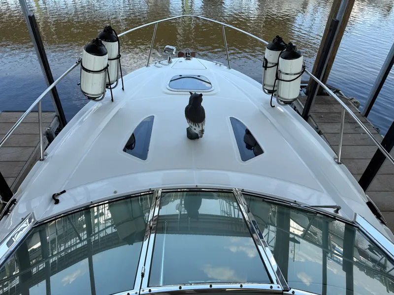 Slide: The Image of 2007 Sea Ray 290 Sundancer boat docked, featuring sleek design and fenders. - 20