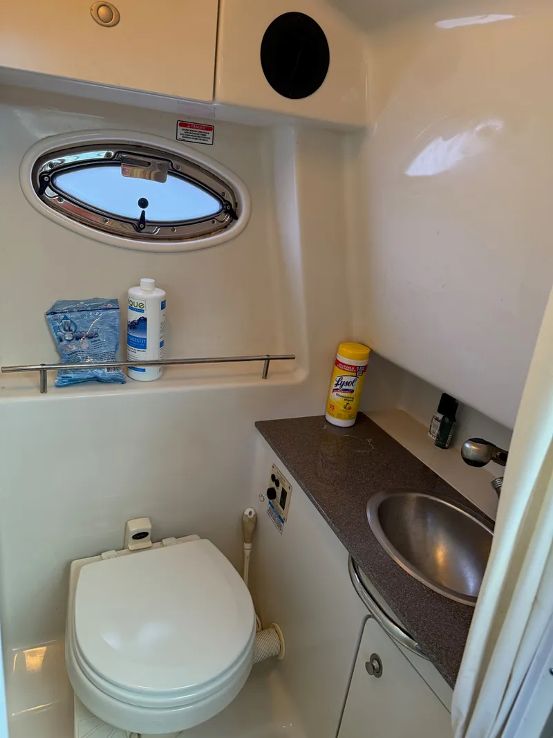 Slide: The Image of 2007 Sea Ray 290 Sundancer bathroom with toilet, sink, and cleaning supplies. - 6