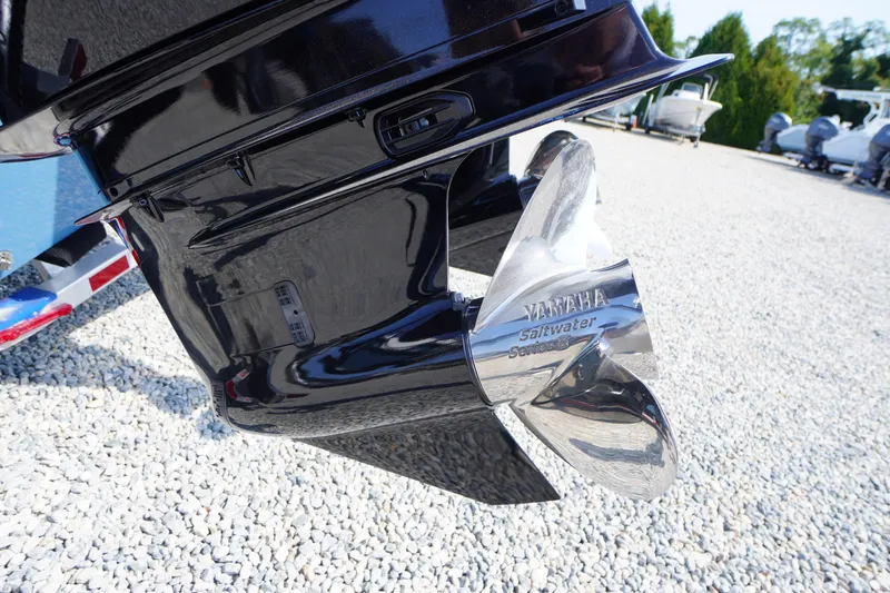 Slide: The Image of Close-up of Yamaha Saltwater Series propeller on 2026 Tidewater 302 CC Adventure boat. - 83