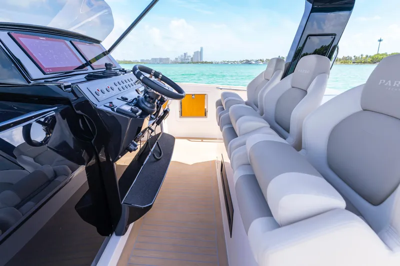 Slide: The Image of Luxury seating on 2025 Pardo Yachts P38, featuring sleek design and ocean view. - 39
