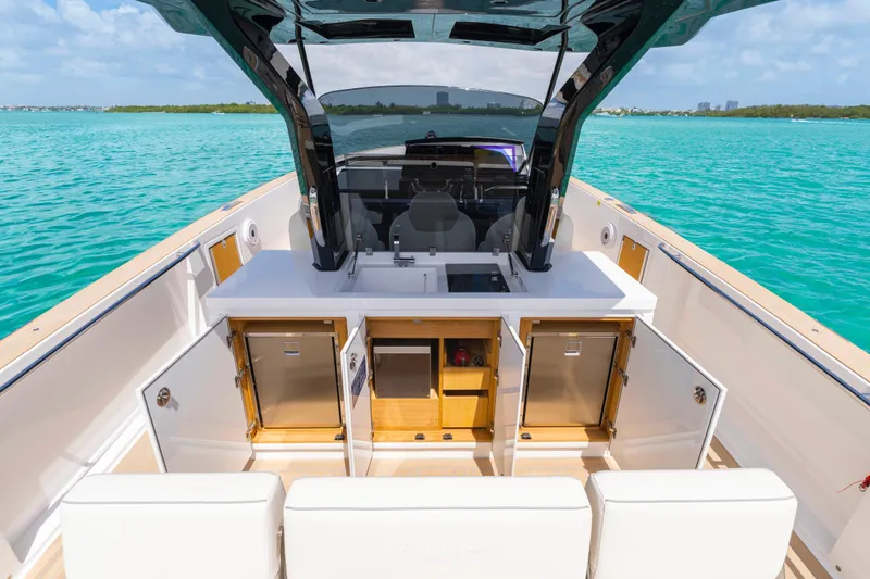 Slide: The Image of Modern Pardo Yachts P38 kitchen area with sleek design, ocean view, 2025 model. - 26