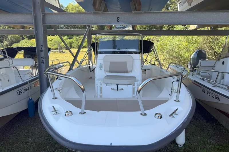 Slide: The Image of 2017 Boston Whaler 180 Dauntless boat in storage, surrounded by greenery. - 2