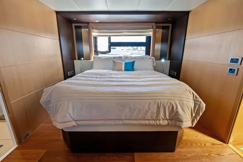 Slide: The Image of Luxurious bedroom interior on a 2013 Absolute 64 yacht, featuring elegant wood paneling. - 46