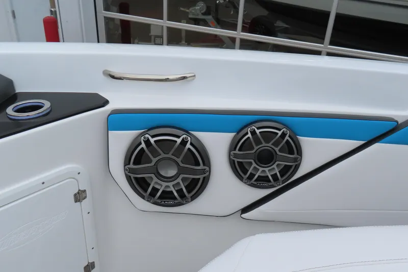 Slide: The Image of 2026 Sunsation 32CCX boat speakers and cup holder detail. - 25