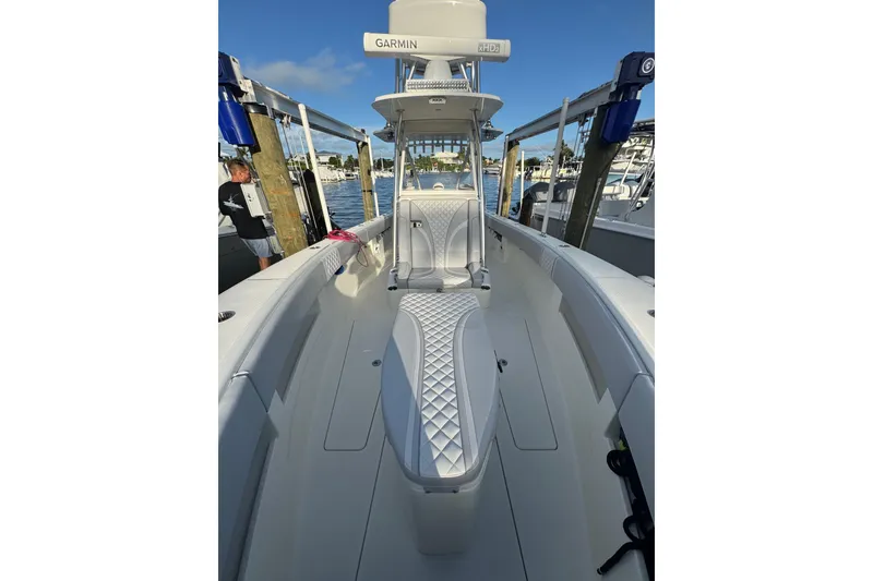 Slide: The Image of 2022 SeaVee 322 Z boat with sleek design and advanced Garmin navigation system. - 22
