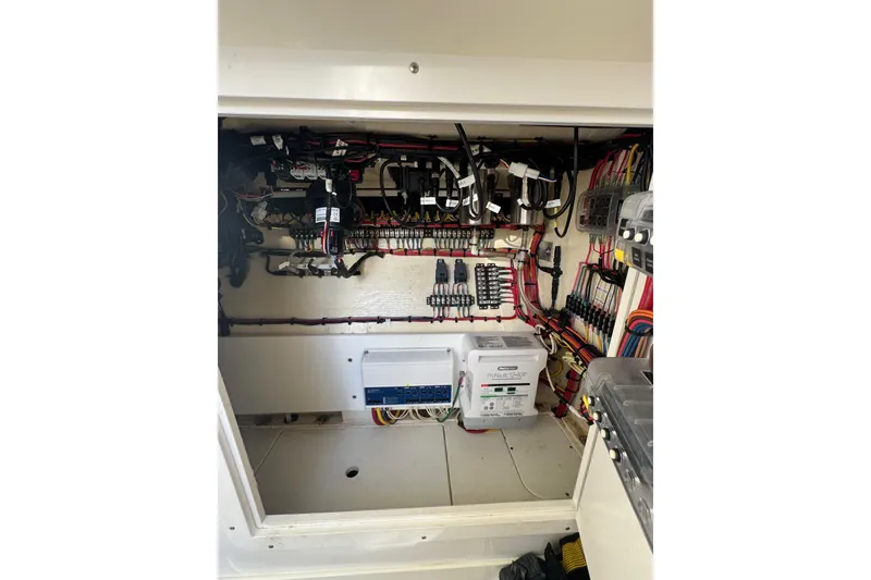 Slide: The Image of Electrical system of 2022 SeaVee 322 Z boat, showcasing wiring and components. - 26