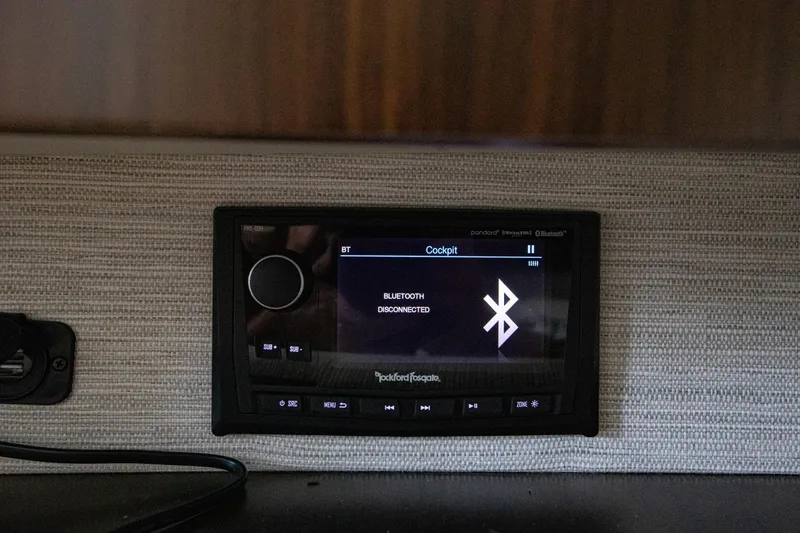 Slide: The Image of Bluetooth audio system in 2024 Cruisers Yachts 38 GLS OB cockpit, displaying "Bluetooth Disconnected." - 19