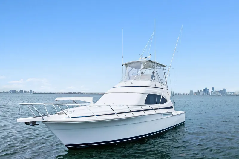 Slide: The Image of 2006 Bertram 39 Convertible yacht on calm water with city skyline in background. - 10