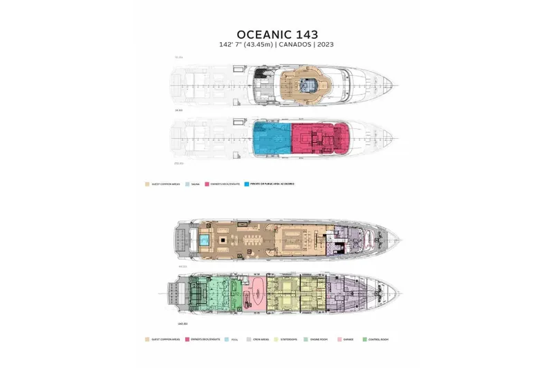 Slide: The Image of Floor plan of 2023 Canados Expedition Yacht, Oceanic 143, showcasing detailed layout and color-coded areas. - 53
