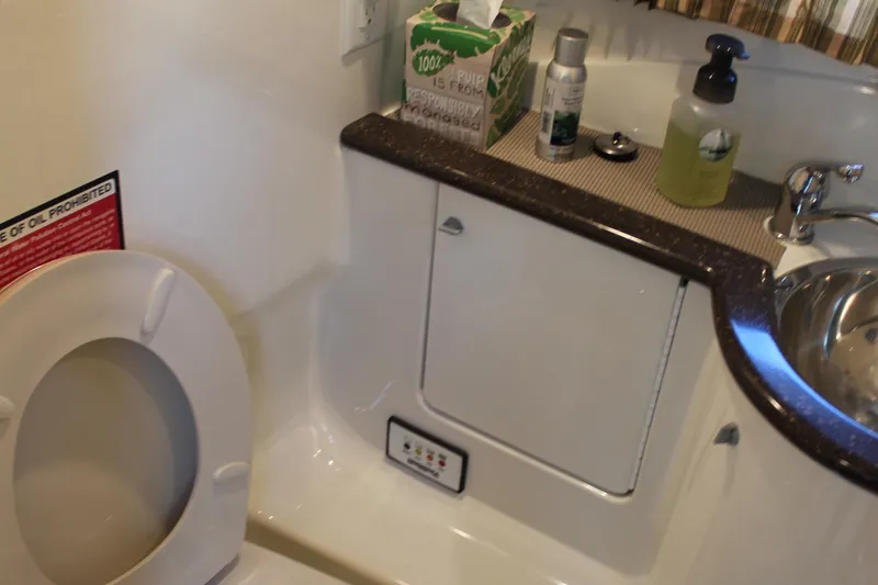 Slide: The Image of 2003 Formula 370 Super Sport bathroom with toilet, sink, and toiletries. - 21