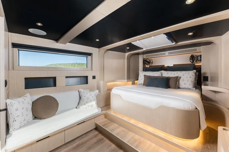 Slide: The Image of Luxurious bedroom interior of 2023 Naval Yachts XPM 78 with modern design and elegant furnishings. - 14