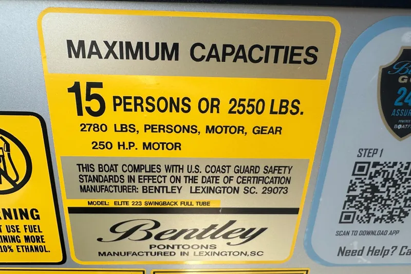 Slide: The Image of 2025 Bentley Pontoons 223 Elite Swingback capacity label, 15 persons or 2550 lbs, 250 HP motor. - 15