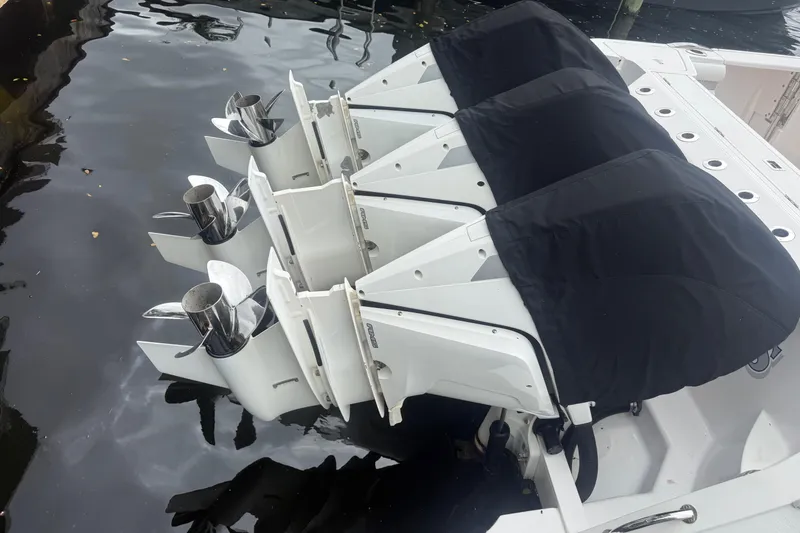 Slide: The Image of Aerial view of 2021 Intrepid 409 Valor boat on water. - 6