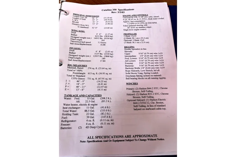 Slide: The Image of Catalina 350 2004 specifications sheet detailing dimensions, engine, rigging, and tank capacities. - 30
