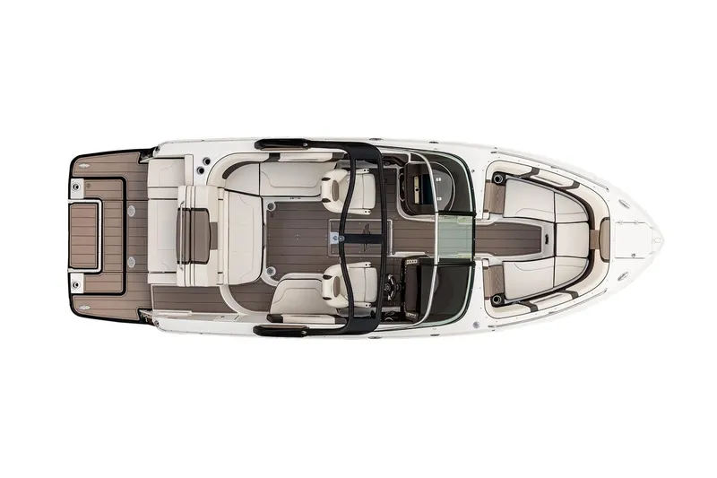 Slide: The Image of 2023 Chaparral 267 SSX boat with tan seating and swim platform on a lake. - 7