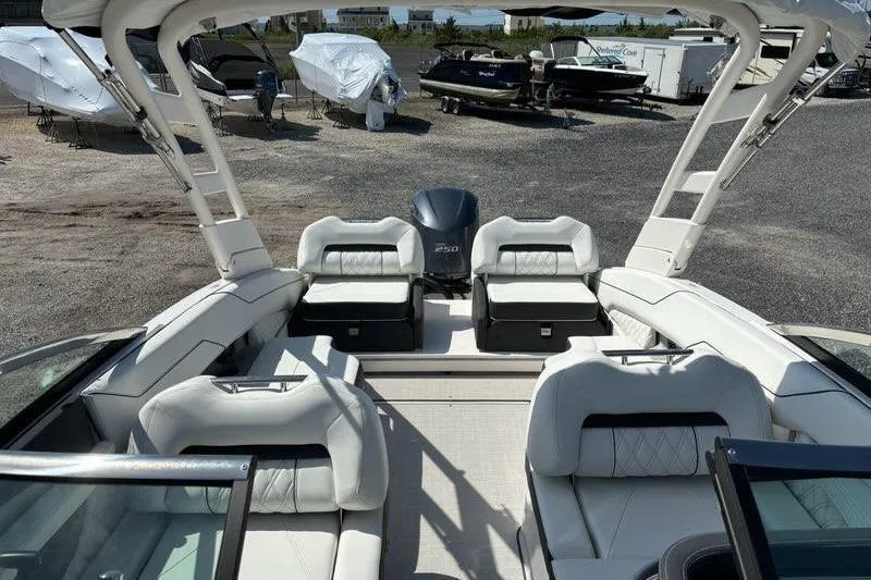 Slide: The Image of 2023 Regal LX4 boat interior with white seating and outdoor storage area. - 2