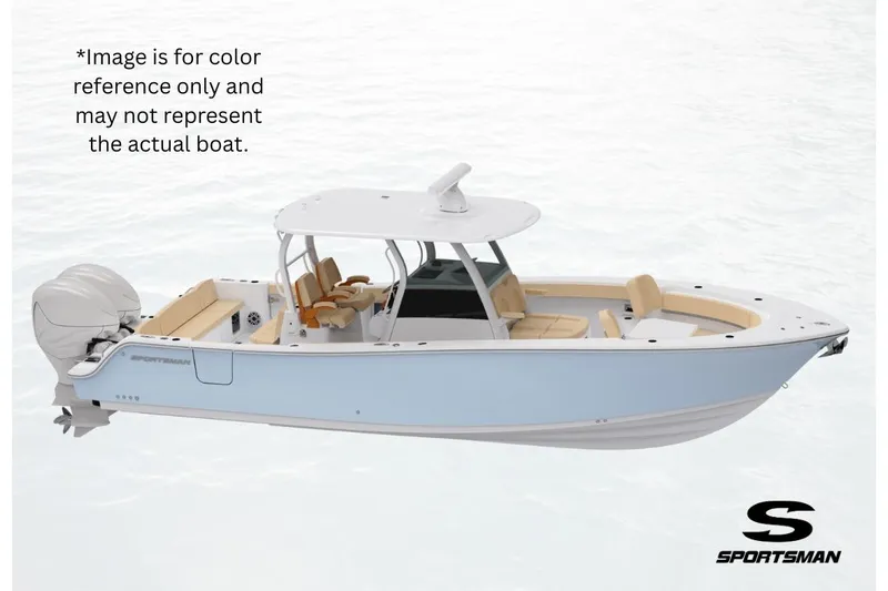 The Image of 2026 Sportsman Open 352 Center Console boat on water, side view, light blue hull. - 0