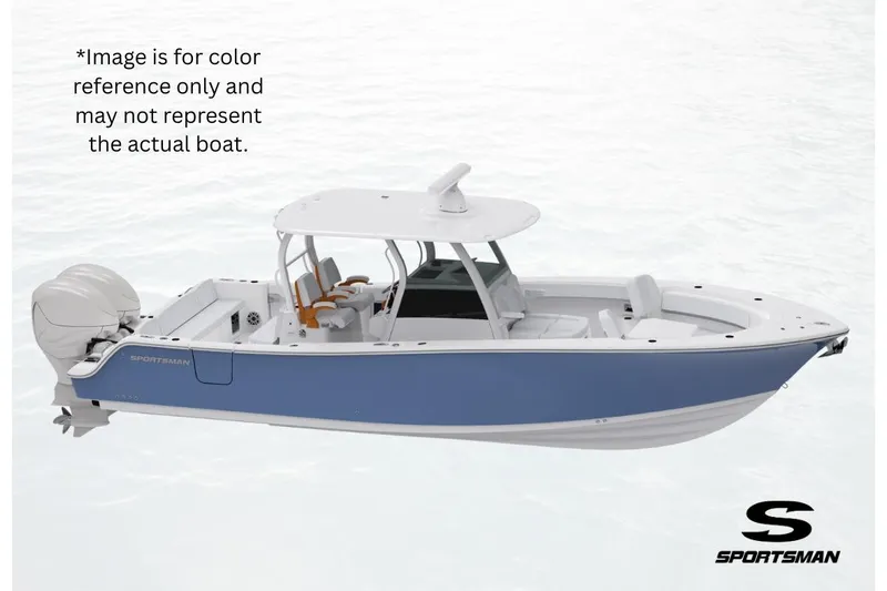 The Image of 2026 Sportsman Open 402 Center Console boat, blue hull, white interior, side view. - 0
