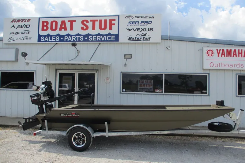 Slide: The Image of 2026 Gator Tail 1748 GATOR boat on trailer outside Boat Stuf dealership. - 0