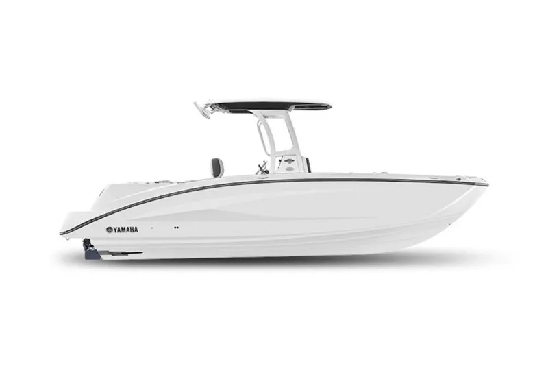 Slide: The Image of 2026 Yamaha Boats 252 FSH Sport, sleek white design, side view. - 1