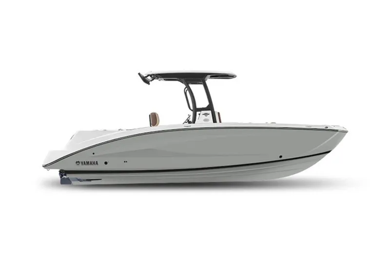 Slide: The Image of 2026 Yamaha Boats 255 FSH Sport E, sleek white design, side view. - 1