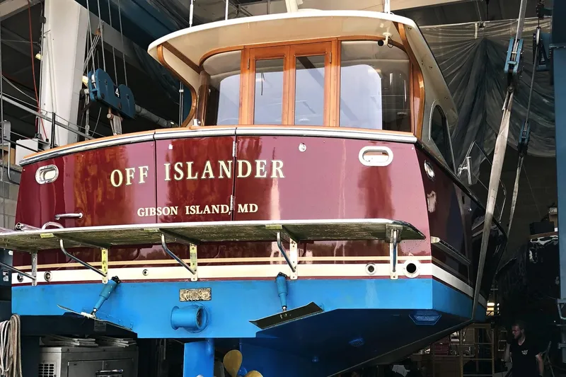 Slide: The Image of 2007 Legacy Yachts 32 in dry dock, named "Off Islander," Gibson Island, MD. - 14