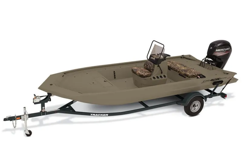 Slide: The Image of 2019 Tracker Grizzly 1860 CC boat on trailer with Mercury outboard motor. - 11