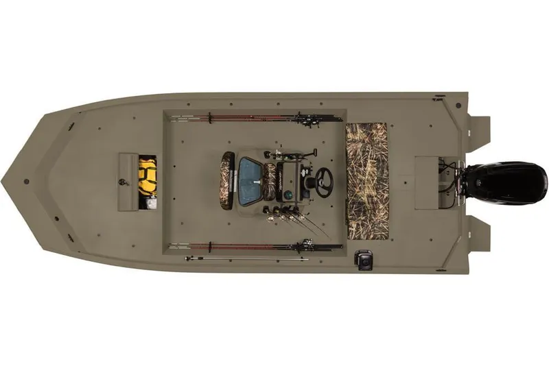 Slide: The Image of 2019 Tracker Grizzly 1860 CC boat, top view, showcasing layout and equipment. - 12