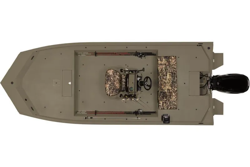 Slide: The Image of 2019 Tracker Grizzly 1860 CC boat, top view, featuring camouflage seating and fishing rods. - 13