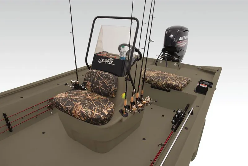 Slide: The Image of 2019 Tracker Grizzly 1860 CC boat with camo seats and fishing rods. - 16