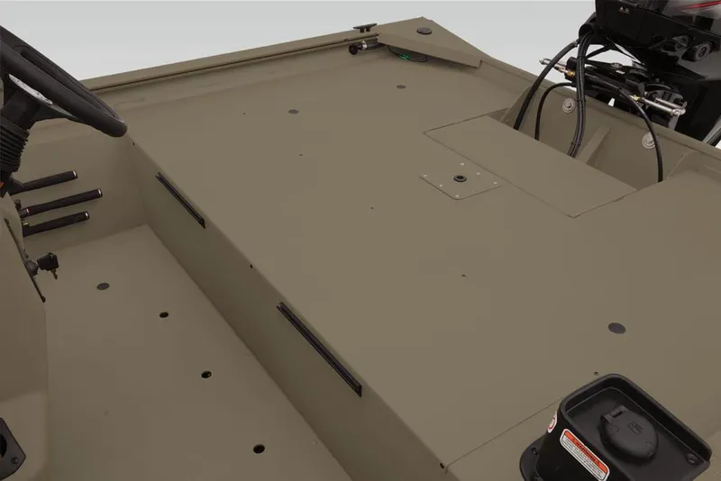 Slide: The Image of 2019 Tracker Grizzly 1860 CC boat interior with steering and motor components. - 17