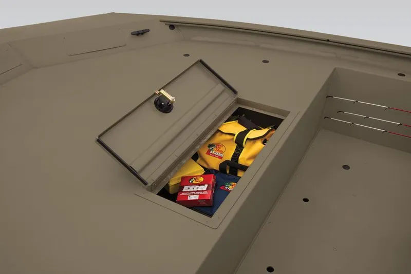 Slide: The Image of 2019 Tracker Grizzly 1860 CC storage compartment with life jackets and gear. - 18