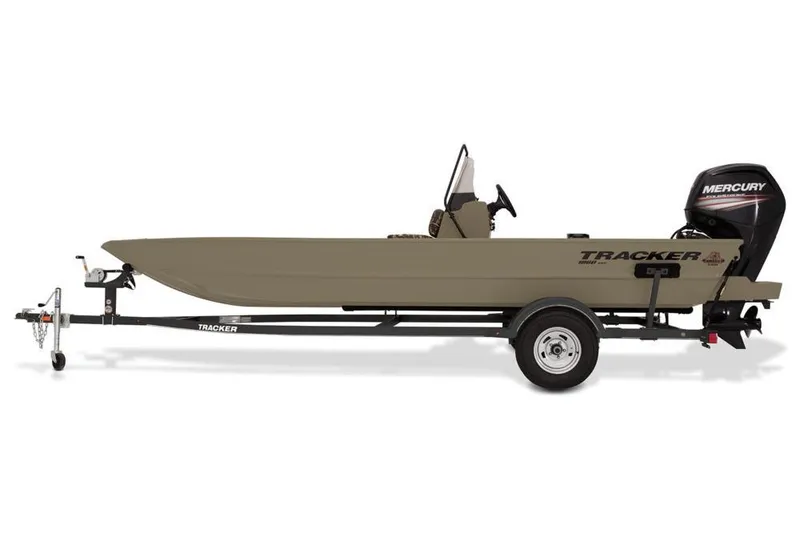 Slide: The Image of 2019 Tracker Grizzly 1860 CC boat on trailer with Mercury outboard motor. - 25