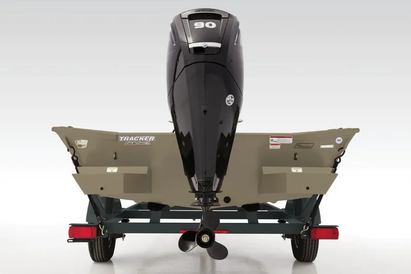 Slide: The Image of 2019 Tracker Grizzly 1860 CC boat rear view with outboard motor and trailer. - 33
