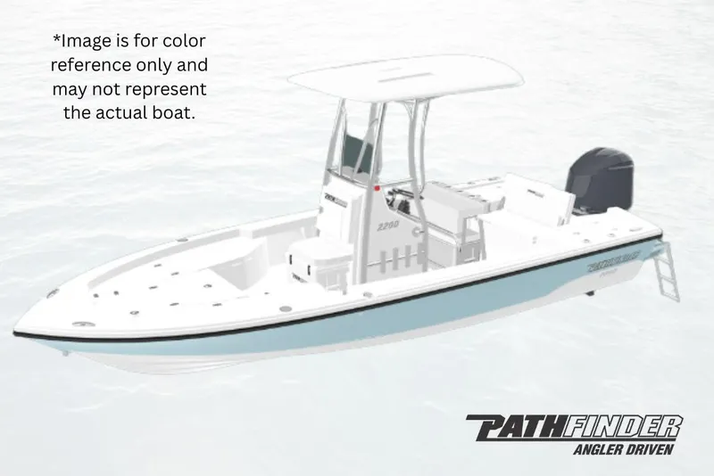 The Image of 2026 Pathfinder 2200 TRS boat, white with blue accents, on water for color reference. - 0
