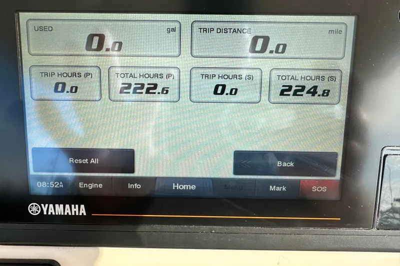 Slide: The Image of Yamaha display on 2019 Grady-White Fisherman 257 showing trip and engine hours. - 22