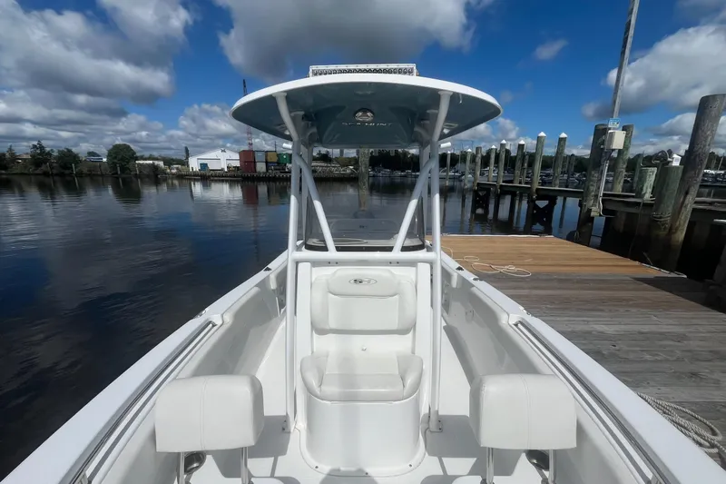 Slide: The Image of 2020 Sea Hunt Triton 210 boat docked by a calm waterfront under a blue sky. - 10
