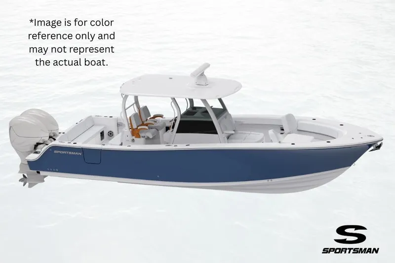 The Image of 2026 Sportsman Open 322 Center Console boat, blue hull, white deck, dual engines, on water. - 0