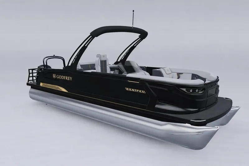 The Image of Godfrey SanPan 25' Tritoon 2026 with flip lounge and mid-table. - 0