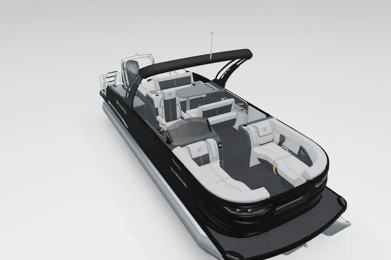 Slide: The Image of 2026 Godfrey SanPan 25' Tritoon with luxurious seating and sleek design. - 2