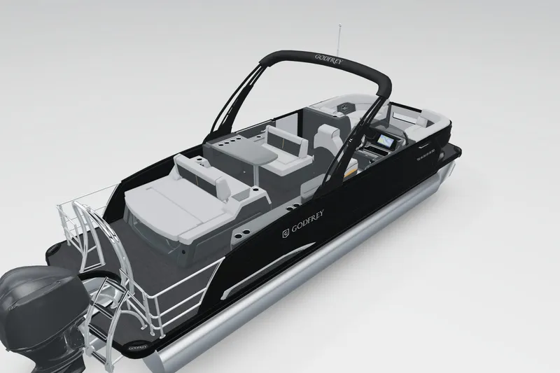 Slide: The Image of 2026 Godfrey SanPan 25' Tritoon with mid-table flip lounge, sleek black design. - 3