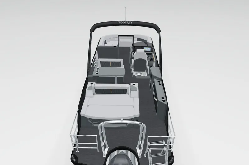 Slide: The Image of 2026 Godfrey SanPan 25' Tritoon with mid-table flip lounge, sleek design, and spacious seating. - 4