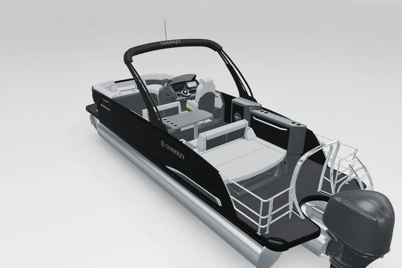 Slide: The Image of 2026 Godfrey SanPan 25' Mid-Table Flip Lounge Tritoon with sleek design and modern features. - 5