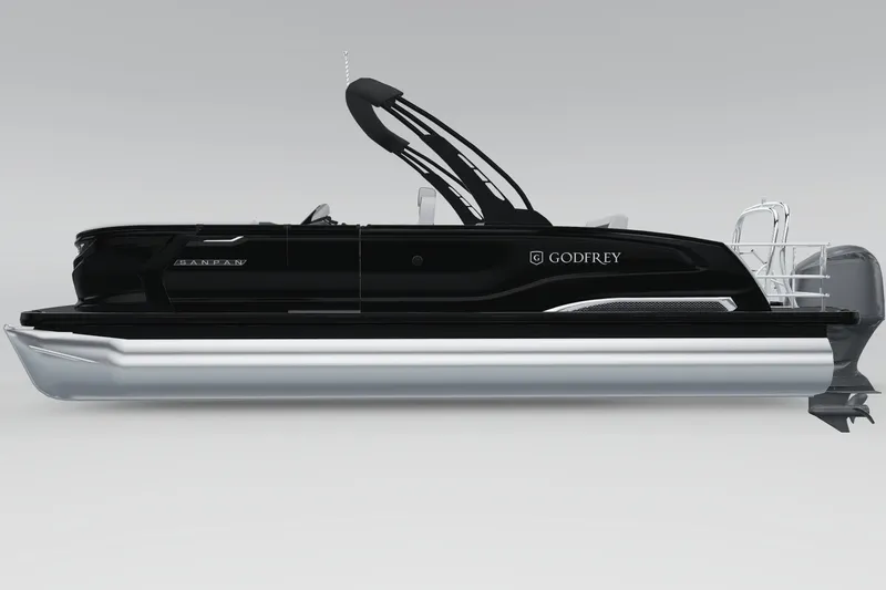 Slide: The Image of 2026 Godfrey SanPan 25' Mid-Table Flip Lounge Tritoon, sleek black design, side view. - 6