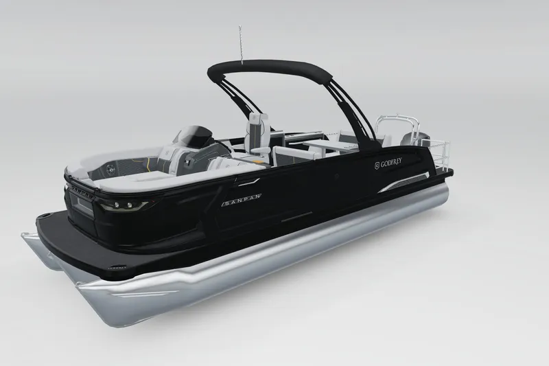 Slide: The Image of 2026 Godfrey SanPan 25' Mid-Table Flip Lounge Tritoon, sleek black design, modern features. - 7