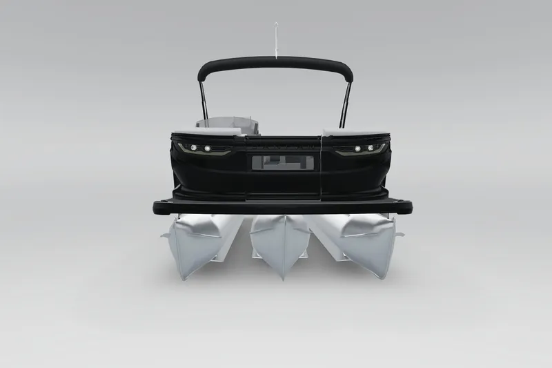 Slide: The Image of 2026 Godfrey SanPan 25' Tritoon, rear view, sleek design, black finish, modern pontoon boat. - 8