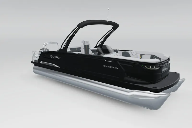 Slide: The Image of 2026 Godfrey SanPan 25' Mid-Table Flip Lounge Tritoon, sleek black design, luxury pontoon boat. - 9